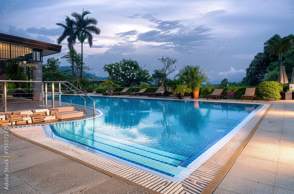Swimming pool at a tropical resort with mountain view at twilight