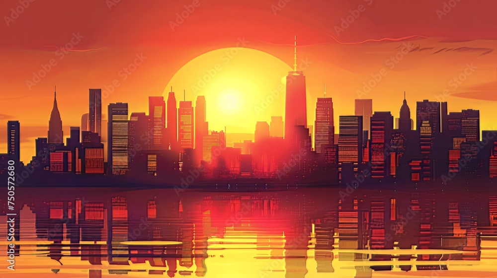 Sunset Over City Skyline: A vibrant city skyline silhouetted against the warm hues of a setting sun, casting a golden glow over the urban landscape. 