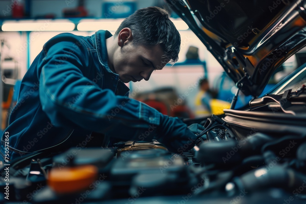 Professional mechanic diligently working on a car engine in a garage. Professional mechanic diligently working on a car engine in a garage.