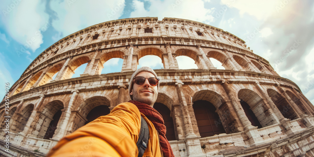 Handsome young male tourist visiting Colosseum in Rome, Italy - Happy tourist taking selfie with smartphone in front of italian landmark.