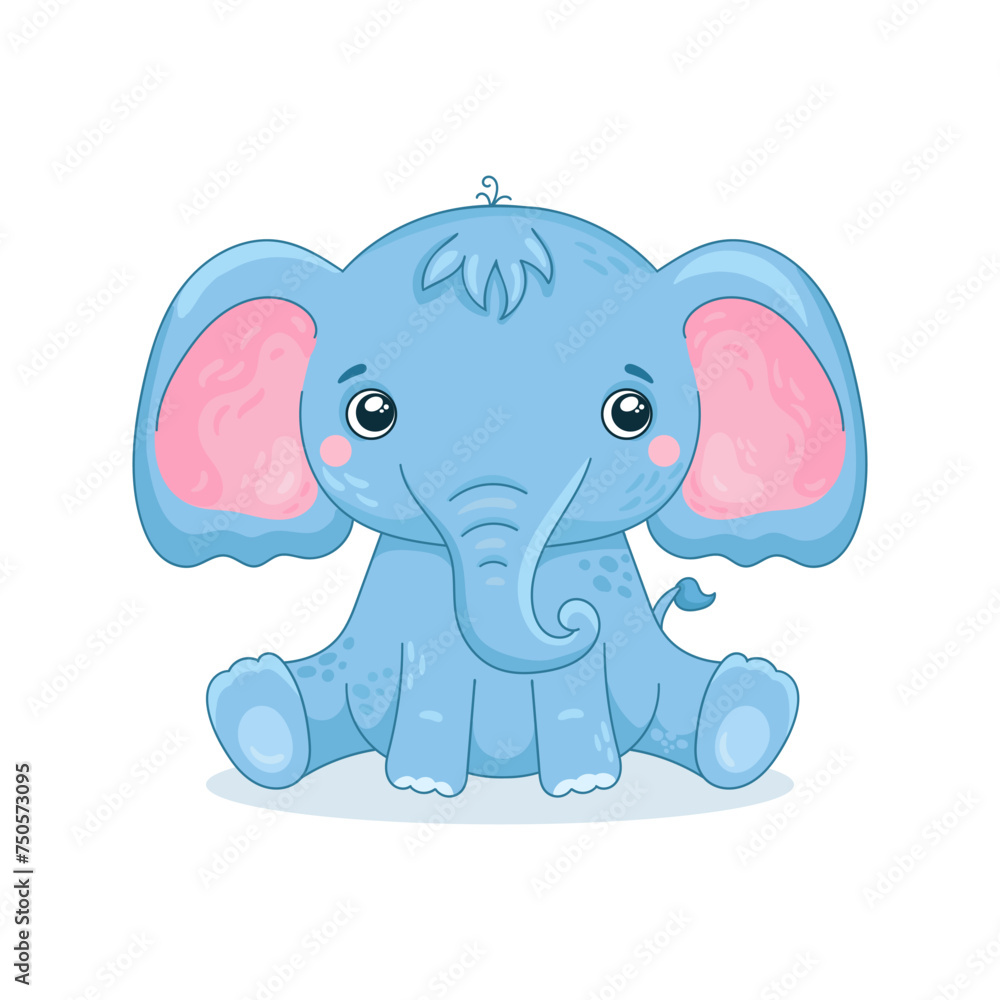 Naklejka premium Baby elephant is sitting. Cute animal on a white background. Vector illustration in a cartoon style.