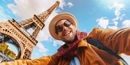 Happy young handsome male tourist, wears jacket, hat, sunglasses and backpack, taking selfie visiting Eiffel Tower in Paris, France. Travel concept.