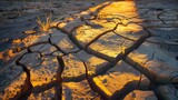 The golden light of sunset casting over cracked earth in a desert landscape.