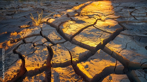 The golden light of sunset casting over cracked earth in a desert landscape.