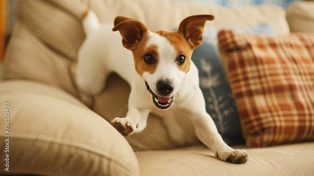 Playful Dog in Action Sofa Cushion Mischief Unleash