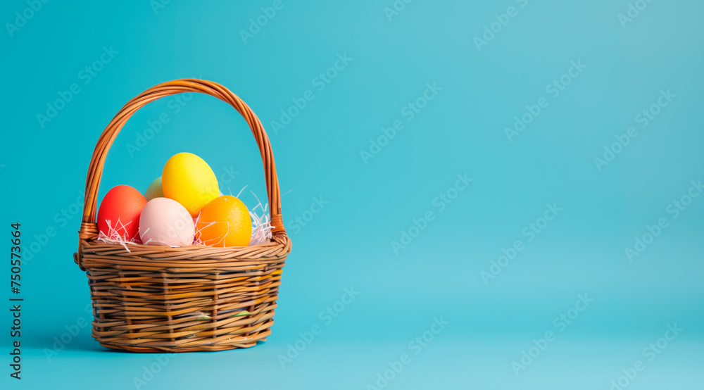 Fototapeta premium A basket sits brimming with vibrant Easter eggs in various colors against a solid blue backdrop.