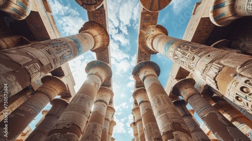 Low angle of old carved ornamental columns and ceiling inside of great hypostyle hall of ancient karnak temple complex in egypt  photo