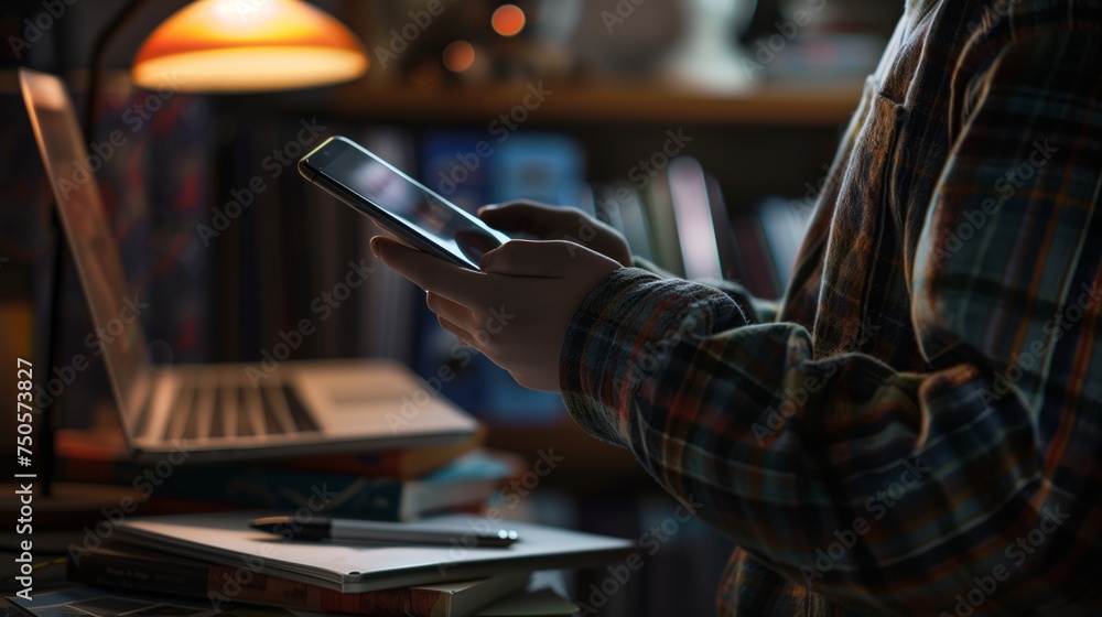 A girl with a smartphone sitting at a desk in front of a laptop, cyberbullying, excessive screen time, social media addiction, online harassment, privacy concerns, exposure to inappropriate content,  - obrazy, fototapety, plakaty 