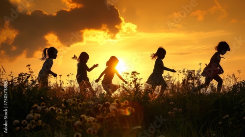 Silhouette  group of happy children playing on meadow  sunset  summertime