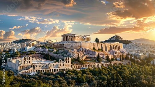 The Acropolis of Athens, Greece, with the Parthenon Temple on top of the hill during a summer sunset photo