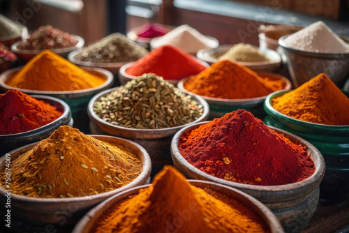 Eastern local market, piles of aromatic spices of different colors. Sacks with seasonings, different types of powder and herbs on the background, pepper and cardamom.