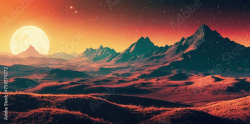 Abstract background in the style of the 70s-80s. Landscape in retro colors, neon lines. Mountains and a huge moon and sun.
