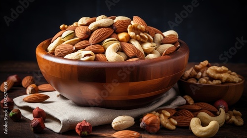 A mixture of cashew nuts, almonds, pistachios, hazelnuts and walnuts in a deep bowl on a wooden table. Delicious snack, healthy food.