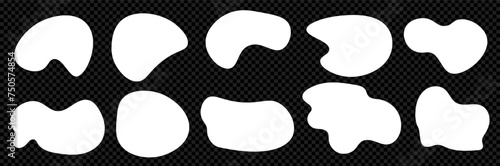 A set of white abstract onganic rounded liquid blob shapes. Vector contemporary round illustration. Irregular silhouettes of design elements. On transparent bg as a png.