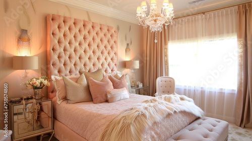 Soft peach and gold bedroom  cascading chandelier  soft peach tones  subtle golden accents
