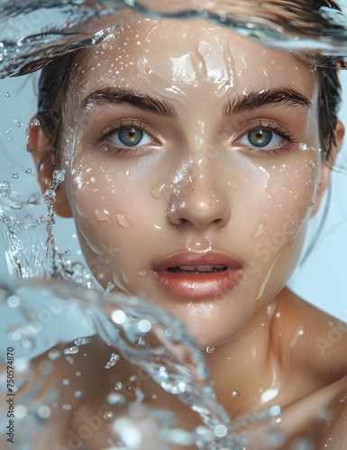 A young, beautiful woman has clean, fresh skin with a splash of water