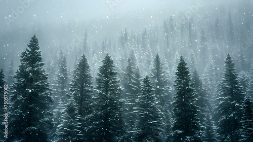 A snow-covered alpine forest, with evergreen trees as the background, during a winter blizzard