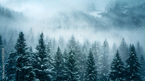 A snow-covered alpine forest  with evergreen trees as the background  during a winter blizzard