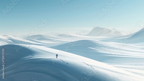 a small person wearing a down jacket skiing on a vast expanse of white snow