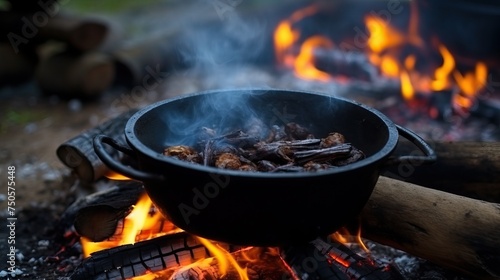 Stew or soup in iron pot or cauldron on a campfire. Homemade food at historical reenactment of Slavic or Vikings lifestyle from around 11th century, Cedynia, Poland.


 photo