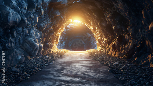 The dark rock tunnel with light illuminated in the