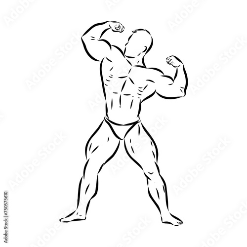 Posing bodybuilder, isolated vector silhouette, ink drawing