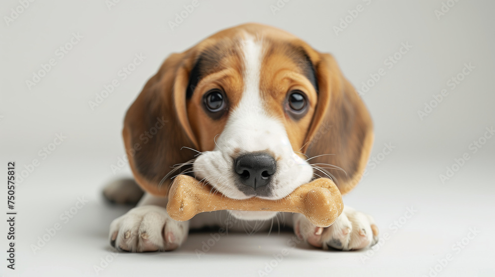 Jeune chien ou chiot de race beagle mange un os, animal mignon en 3D réaliste