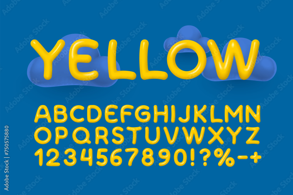Yellow clouds font. English alphabet and numbers sign. Vector illustration