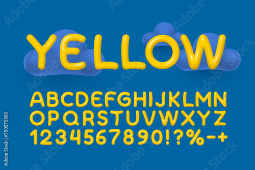 Yellow clouds font. English alphabet and numbers sign. Vector illustration