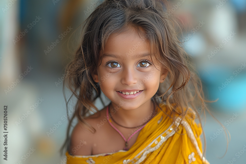 Simple Indian little girl in national dress is outdoors. Happy childhood. Natural child beauty concept. Selective focus. Copy space Simple Indian little girl in national dress is outdoors. Happy childhood. Natural child beauty concept. Selective focus. Copy space