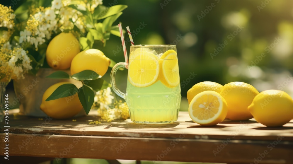 Fototapeta premium Lemon juice or compote in a glass with fresh fruits and leaves on a wooden table. A healthy sweet snack. A refreshing summer drink.