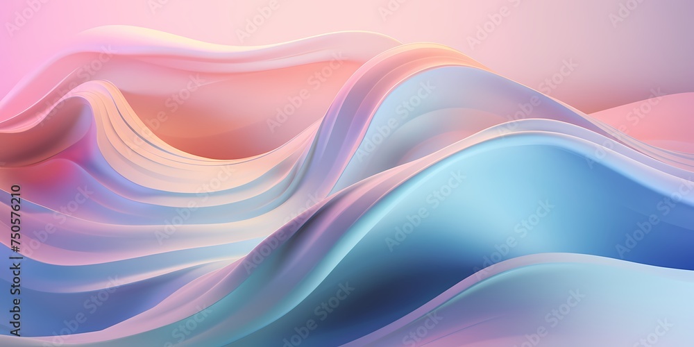 Soft pastel-colored 3D waves with a glossy sheen, illuminated by rays of light, creating a dreamy atmosphere.