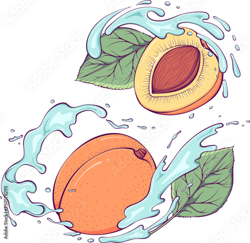 Flying whole and half apricots or peaches with pit with water splash. Liquid drops. Vector illustration in hand drawn cartoon style. Close up fruit ingredient for fresh juice isolated on white