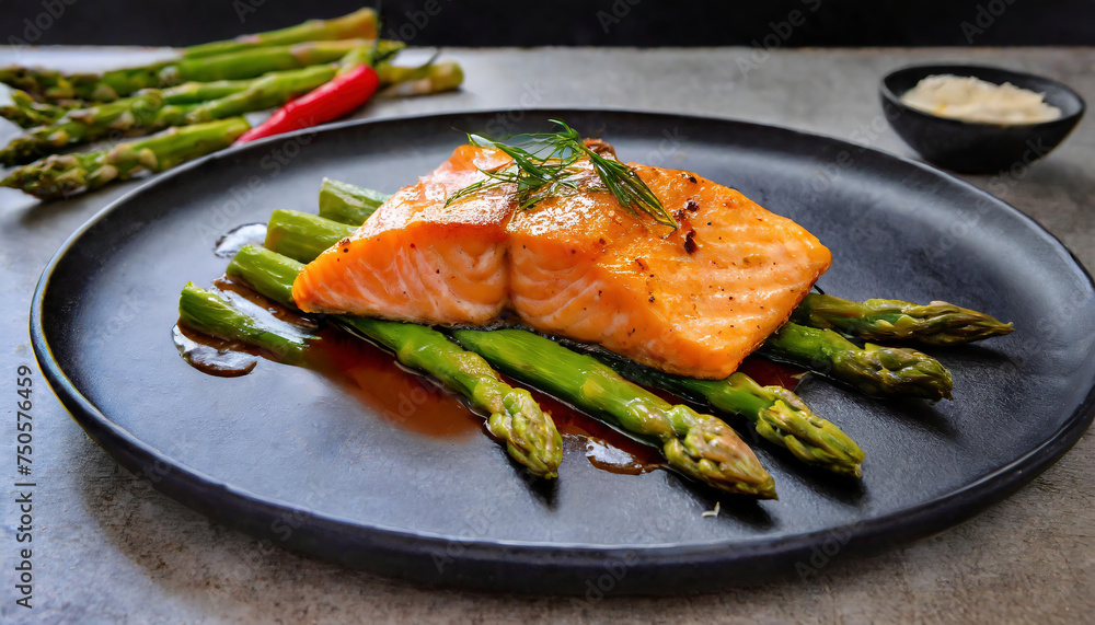 Grilled salmon fillet with asparagus on a black plate. close up, selective focus. Grilled salmon fillet with asparagus on a black plate. close up, selective focus.