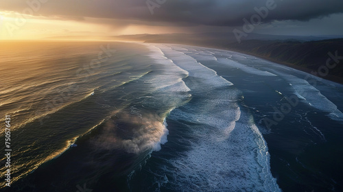 Moody Aerial Landscape: Depict a dramatic aerial view of a vast coastline during a stormy sunset. 