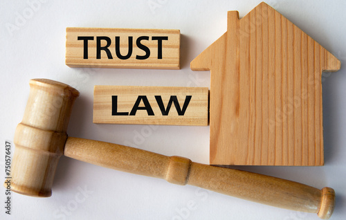 TRUST LAW - words on a wooden block on the background of a house and a referee\'s gavel