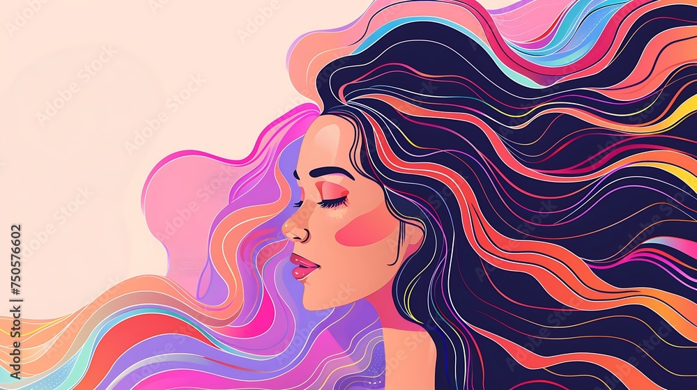 Women's day. Beautiful girl with curly hair. Abstract background for Women's day