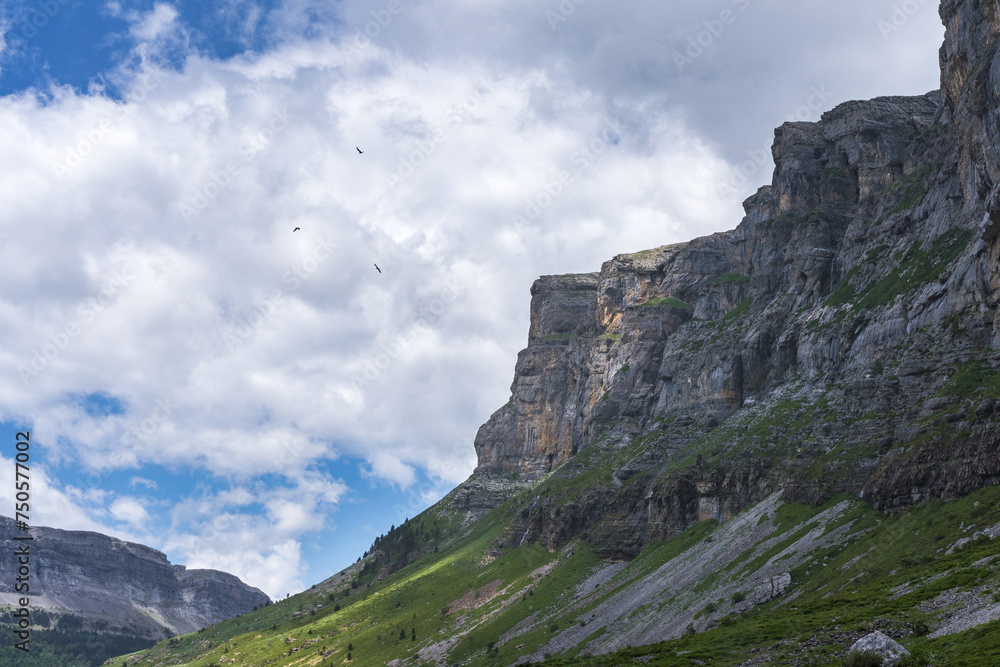 The rugged cliffs of Ordesa Valley rise under a dramatic sky, with soaring birds and lush green slopes in Huesca's national park The rugged cliffs of Ordesa Valley rise under a dramatic sky, with soaring birds and lush green slopes in Huesca's national park