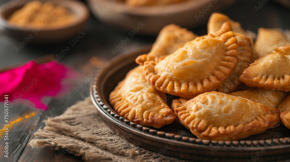 Traditional Gujia Dessert on Rustic Background for Festive Celebrations Traditional Gujia Dessert on Rustic Background for Festive Celebrations