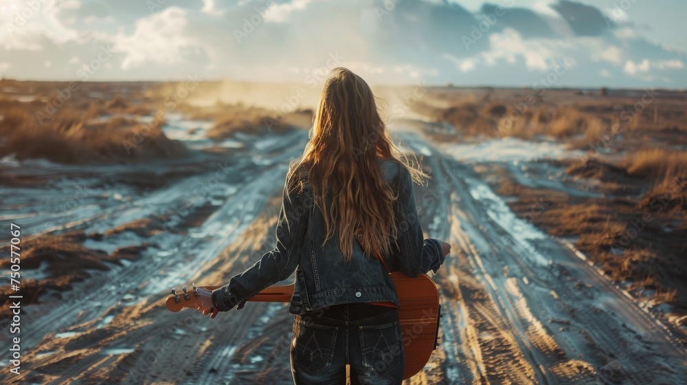 a woman with a guitar, in front of 2 different paths a woman with a guitar, in front of 2 different paths