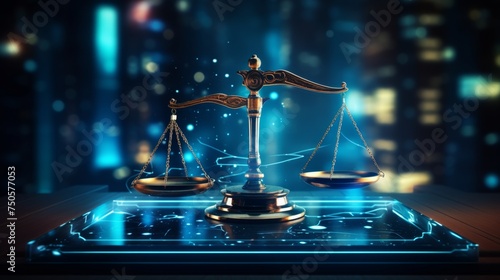 Justice scales with a digital interface, symbolizing law and order in the digital age, suitable for legal, cybersecurity, and digital rights concepts.