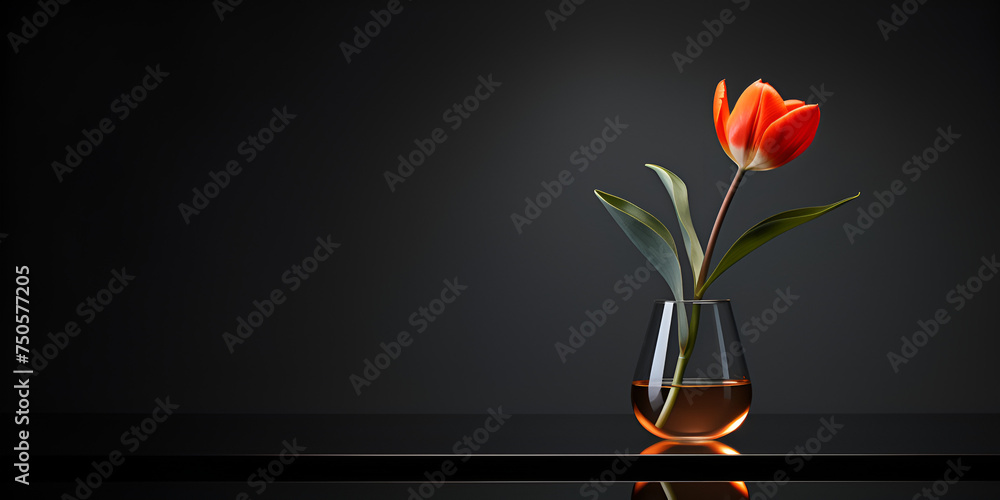 A glossy vase beautiful red color flower tulips green leaf 3d realistic black background Illustration - obrazy, fototapety, plakaty 