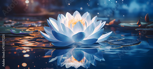 a flaming lotus flowers on a blue background shaped wallpaper, ai generative