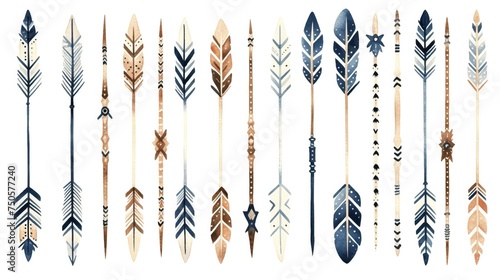 Watercolor ethnic boho set of arrows, native american tribe decoration print element, tribal navajo isolated illustration bohemian ornament, Indian, Peru, Aztec wrapping.