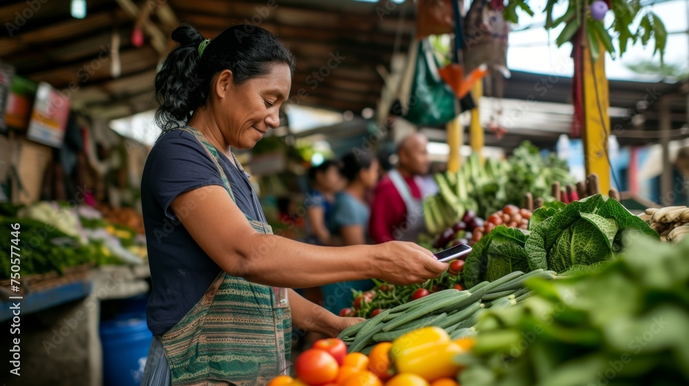 Smiling woman in a market checking prices on her phone, showcasing local commerce and digital integration.