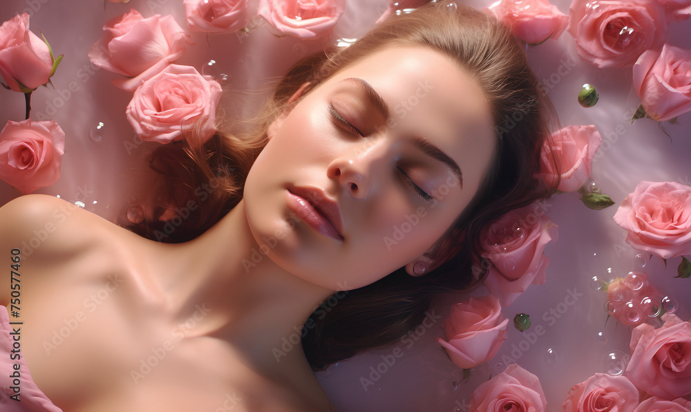Serene Rose Water Bliss,A tranquil beauty bathes in rose-filled water, embodying serene relaxation and grace.