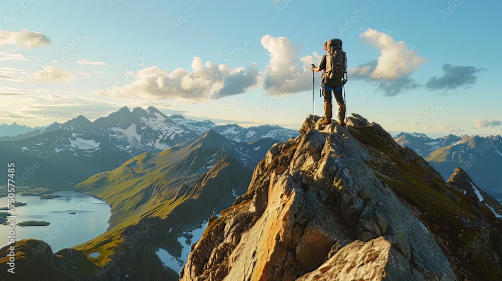 Travel Adventure Moment: In the heart of a travel adventure, a backpacker stands atop a mountain, surrounded by breathtaking vistas, embodying the spirit of exploration and wanderlust. -