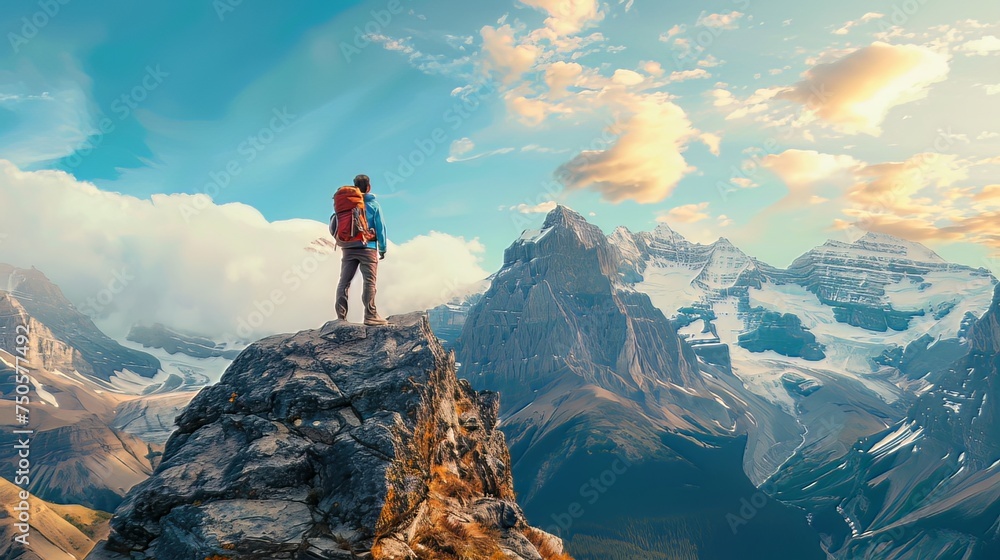 Travel Adventure Moment: In the heart of a travel adventure, a backpacker stands atop a mountain, surrounded by breathtaking vistas, embodying the spirit of exploration and wanderlust. -