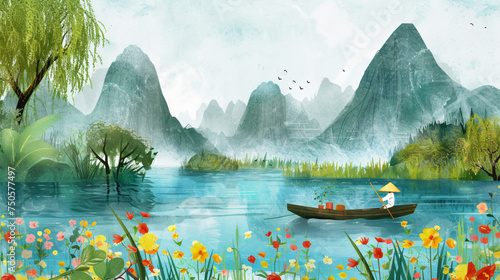 Wide view childrens book illustration landscape in © Cybonad