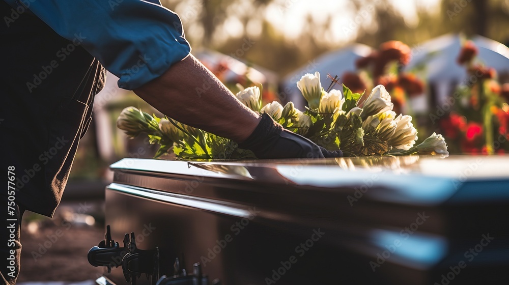 A healthcare worker is handling a coffin inside a grave; during a mass funeral event at a cemetery. A close-up and selective focus photo of the worker.


 - obrazy, fototapety, plakaty 